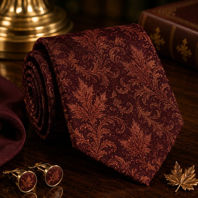Gravata Luxo em Borgonha Folha de Outono Damask (Criador carregado)