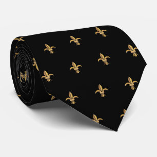 Gravata Luxo Falso Seda Preto Dourado Flor de Lis