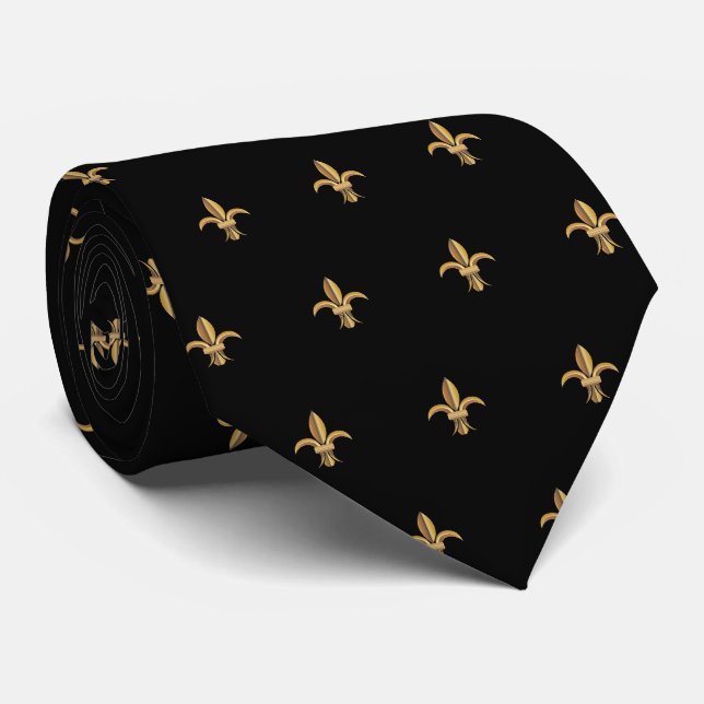 Gravata Luxo Falso Seda Preto Dourado Flor de Lis (Rolled)