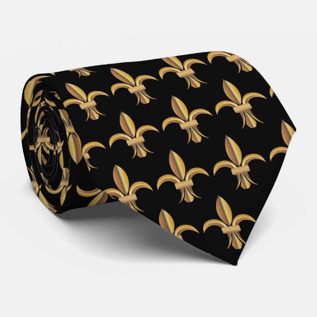 Gravata Luxo Falso Seda Preto Dourado Flor de Lis (Rolled)