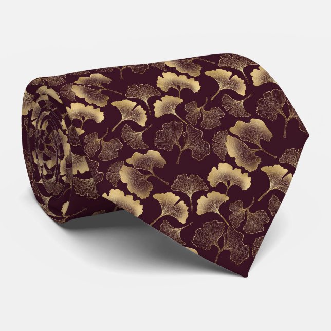 Gravata Luxo Ginkgo Dourado Borgonha (Rolled)