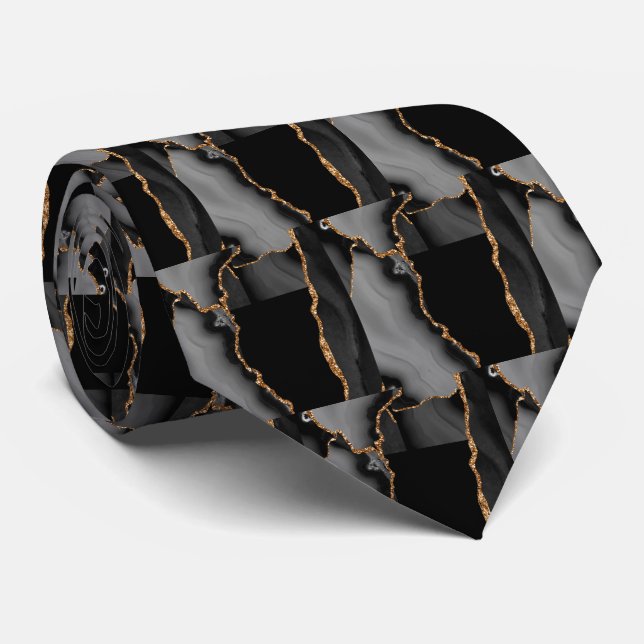 Gravata Luxo Preto Dourado Falso Brilho Falsa Seda (Rolled)
