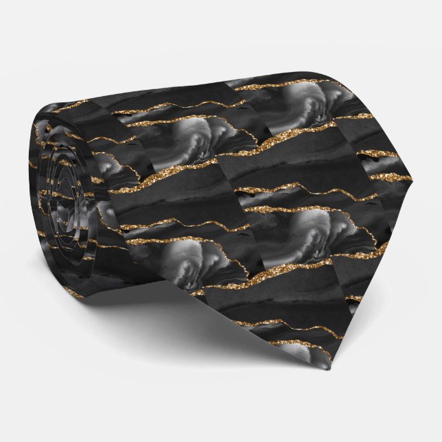 Gravata Luxo Preto Dourado Falso Brilho Falso Seda (Rolled)