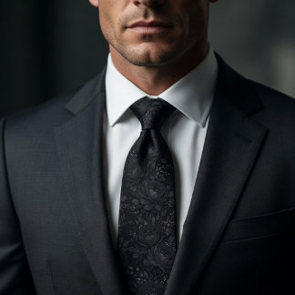 Gravata Luxo Preto Fosco Floral