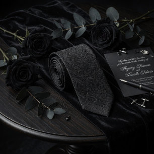 Gravata Luxo Preto Meia-Noite Floral Damasko Em Relevo