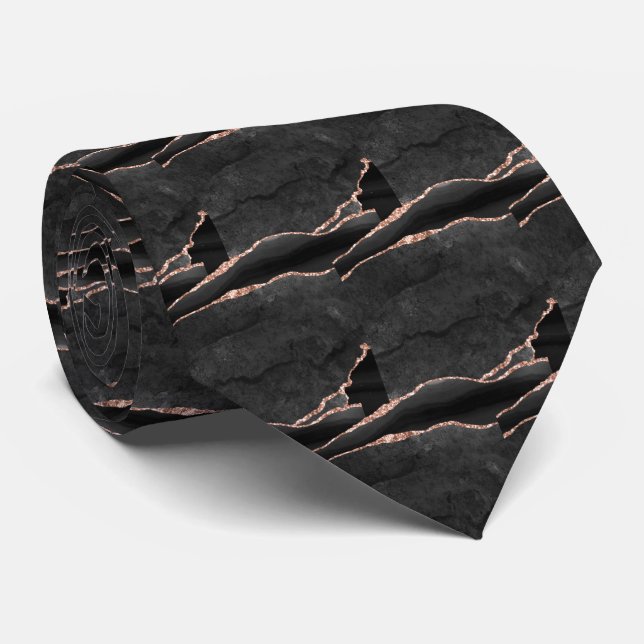 Gravata Luxo Preto Rosa Dourado Falso Brilho Falso Seda (Rolled)