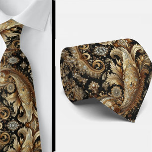 Gravata Luxuosa Preta Branca Dourada Paisley com D