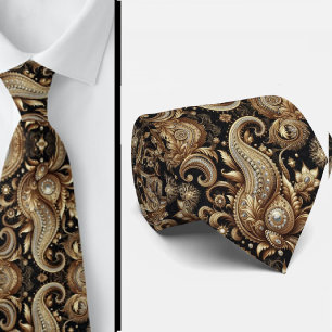 Gravata Luxuosa Preta e Dourada com Paisley e Diam