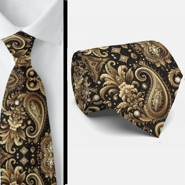 Gravata Luxuosa Preta e Dourada com Paisley e Diam (Criador carregado)