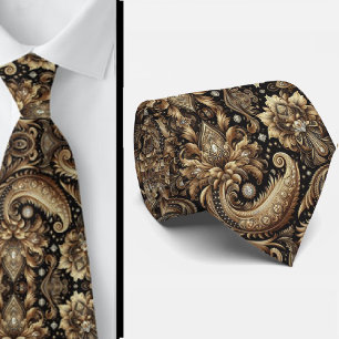 Gravata Luxuosa Preta e Dourada Paisley com Diaman