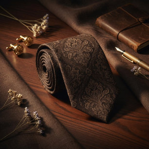 Gravata Luxuoso Marrom Escuro Espresso Barroco Damasko 
