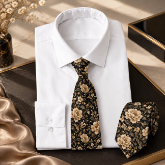 Gravata Luxuoso Preto e Dourado Floral Sem Costura Vintage