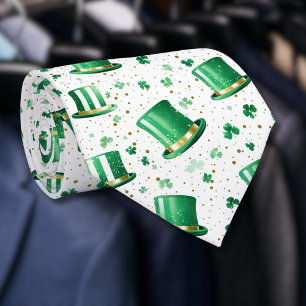 Gravata Luxuoso Verde Dourado Chapéus e Trevos Branco