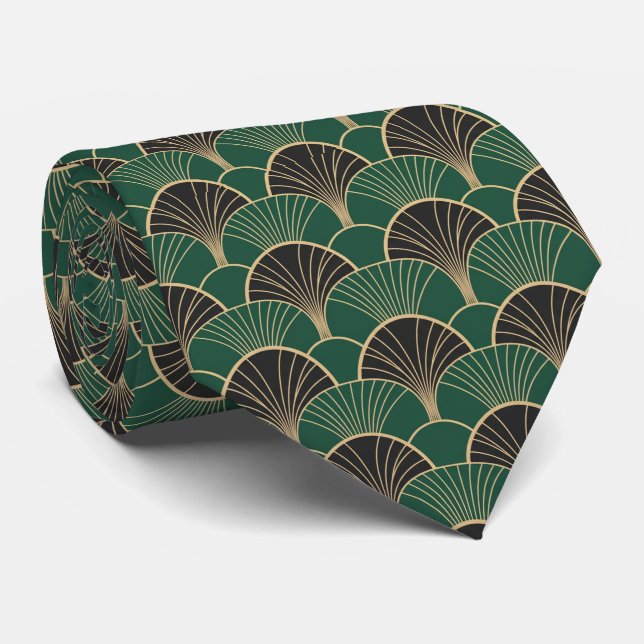 Gravata Luxuoso Verde Esmeralda & Dourado Geométrico Art D (Rolled)