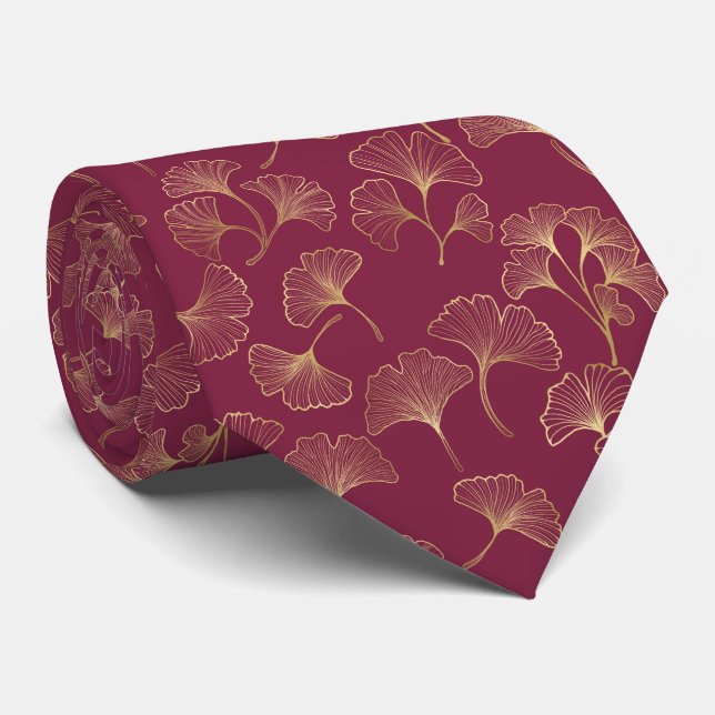 Gravata Luxurious Gold Ginkgo Leaves on Deep Burgundy (1) (Rolled)