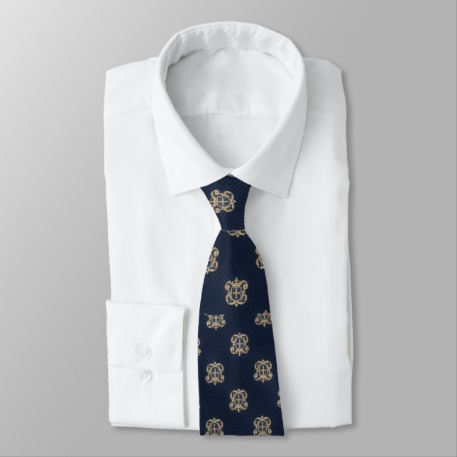 Gravata Luxury Heraldic Silk Jacquard Tie - Marinho/Dourad (Amarrado)