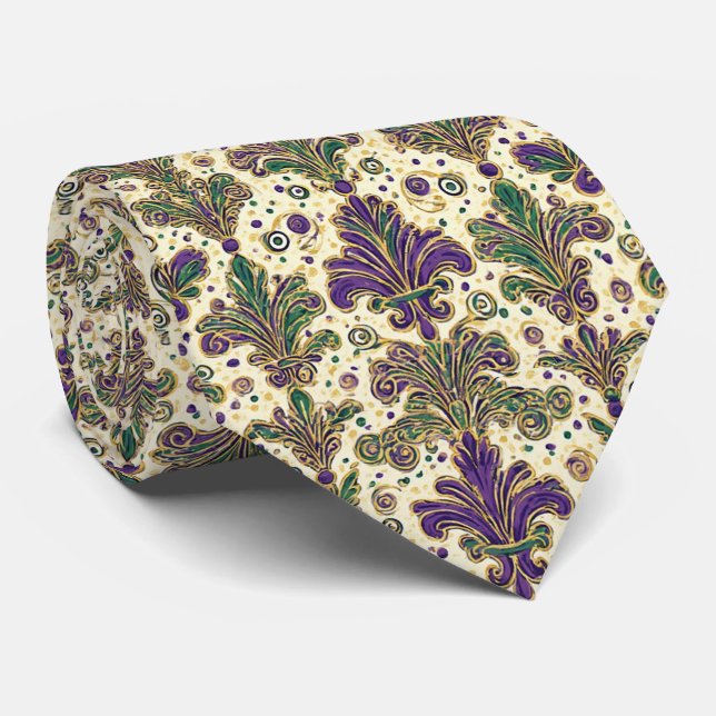 Gravata Luxury Mardi Gras Green Purple Gold Fleur De Lis  (Rolled)