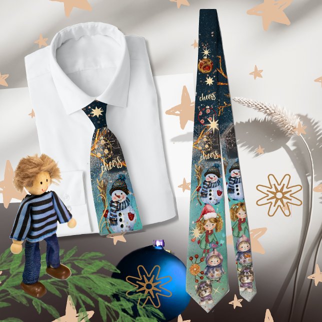 Gravata Magia Natal - Homem de Neve e Amigos - Azul (Christmas Magic blue All-Over-Print Neck Tie)