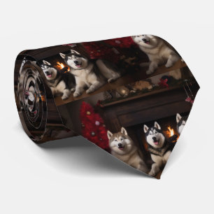 Gravata Malamute do Alasca junto à Lareira Natal