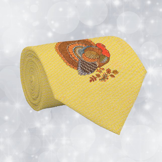 Gravata Male Turkey Fanned Tail Leaves Golden Yellow (Male turkey fanned tail brown orange feathers in Fall leaves gold yellow Thanksgiving mens necktie.)