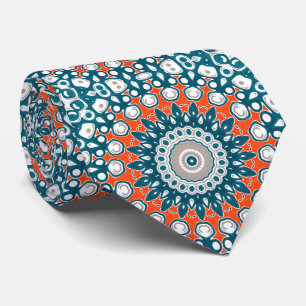 Gravata Mandalala Geométrico Azul Turquesa e Laranja
