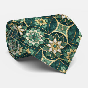 Gravata Mandalas Florais Esmeralda e Dourado - Ornamental