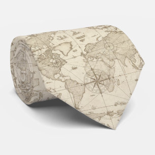 Gravata Mapa Mundial Desenhado à Mão em Tom Sépia Vintage