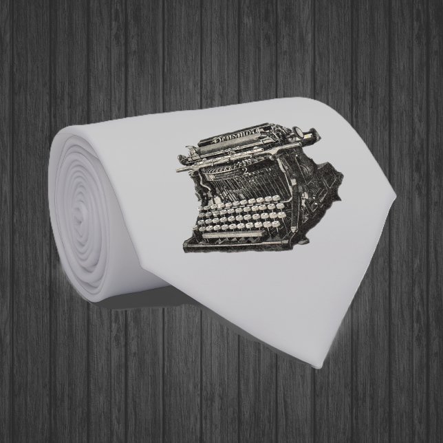 Gravata Máquina de Digitalização Velha e Negra Antica Vint (Black vintage manual typewriter on light grey neck tie.)