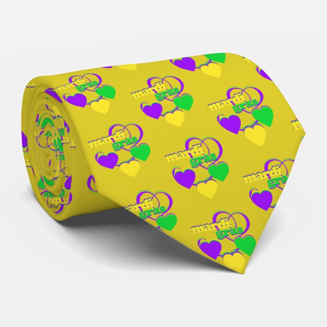Gravata Mardi Gras Purple Yellow Cute Hearts (Rolled)