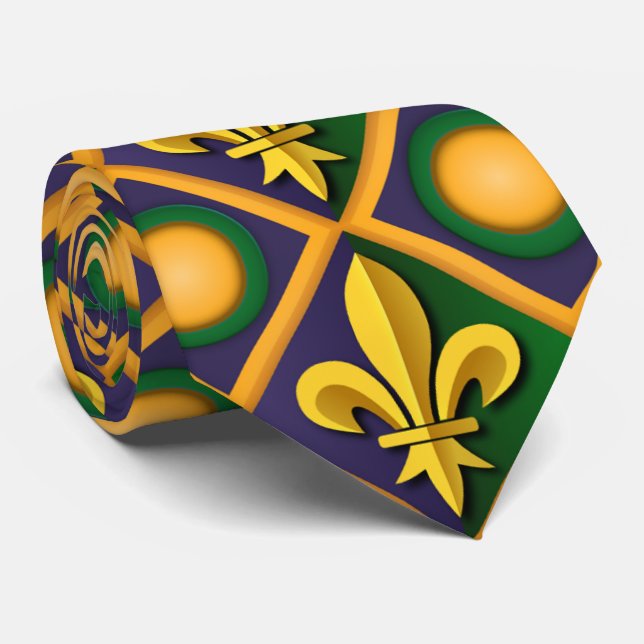 Gravata Mardi grass pattern with golden fleur-de-lis (Rolled)