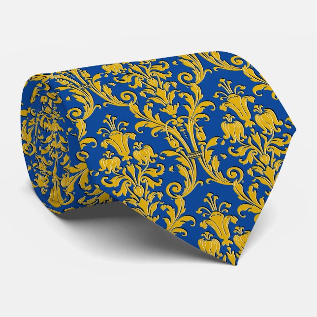 Gravata Marinho Azul Dourado - Damasco Floral (Rolled)