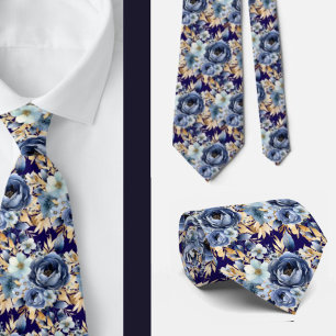 Gravata Marinho Azul Dourado Floral Flor Aquarela Casament