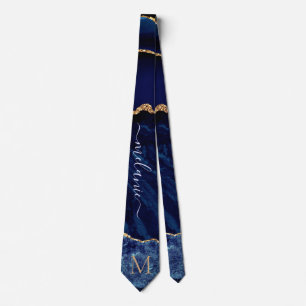 Gravata Marinho Azul Dourado Marble - Letra Nome Coluna do