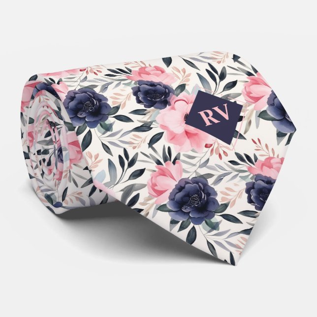 Gravata Marinho Azul e Cor Floral Rosa (Rolled)