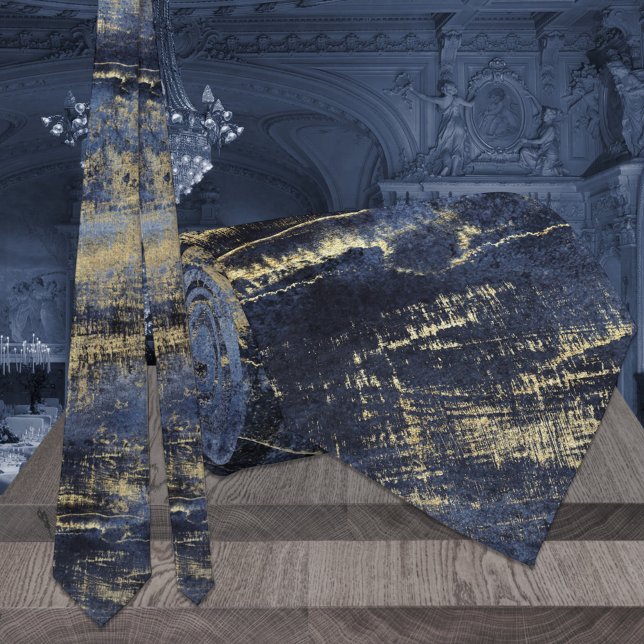 Gravata Marinho Azul e Dourado Casamento de Pintura Modern (Criador carregado)