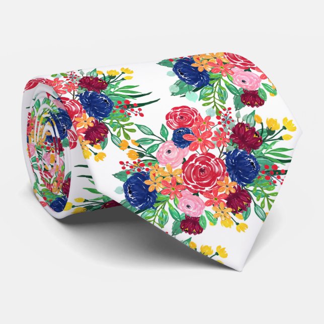 Gravata Marinho Blue e Red Watercolor Boho Chic Flowers (Rolled)