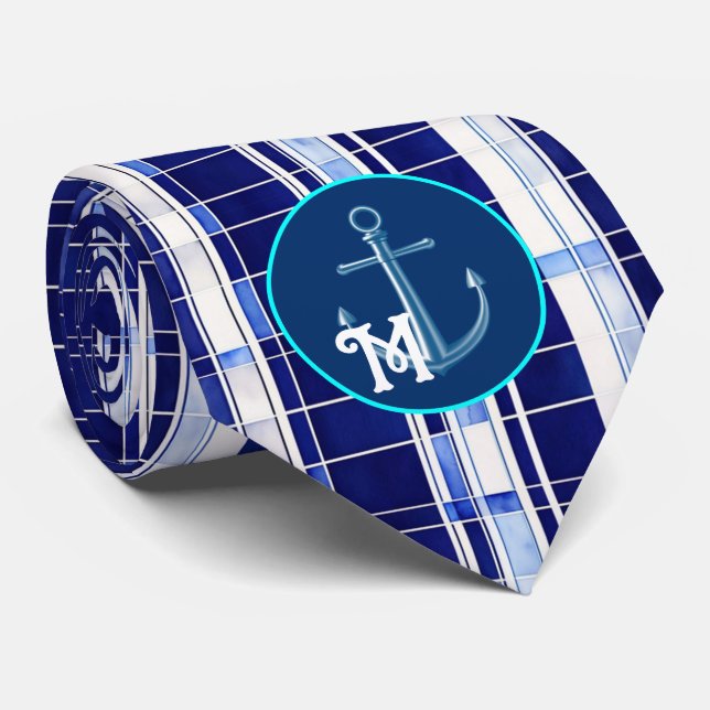 Gravata Marinho de Verão Blue Boat Modern Strips Coleção (Rolled)