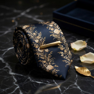 Gravata Marinho Meia-Noite & Floral Luxo Dourado