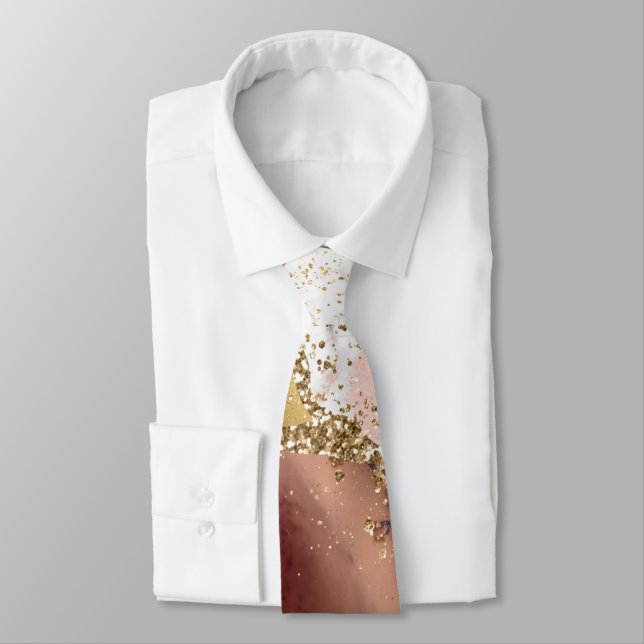 Gravata Mármaco preto branco-rosa mármore Dourado agitado  (Amarrado)