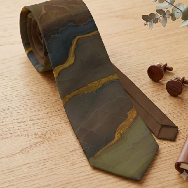 Gravata Mármore Abstrato Marrom e Dourado Terroso (An earthy brown and gold marble swirl necktie, a refined gift for him for a fall wedding.)