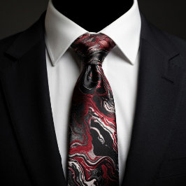 Gravata Mármore Elegante com Redemoinho Preto e Vermelho