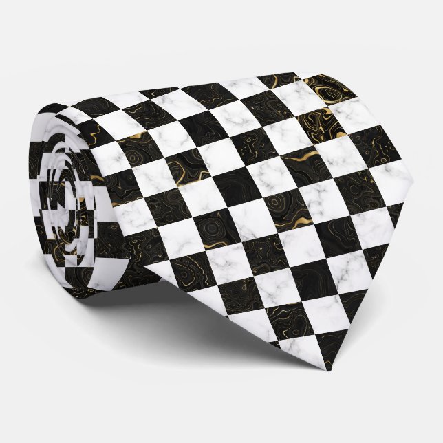 Gravata Mármore Preto e Dourado Xadrez (Rolled)