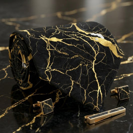 Gravata Mármore Preto e Veias Douradas Padrão Elegante
