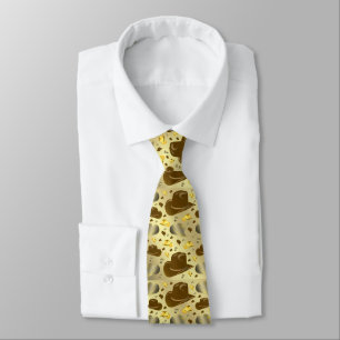 Gravata marrom, padrão dourado de pequenos chapéus de cowb