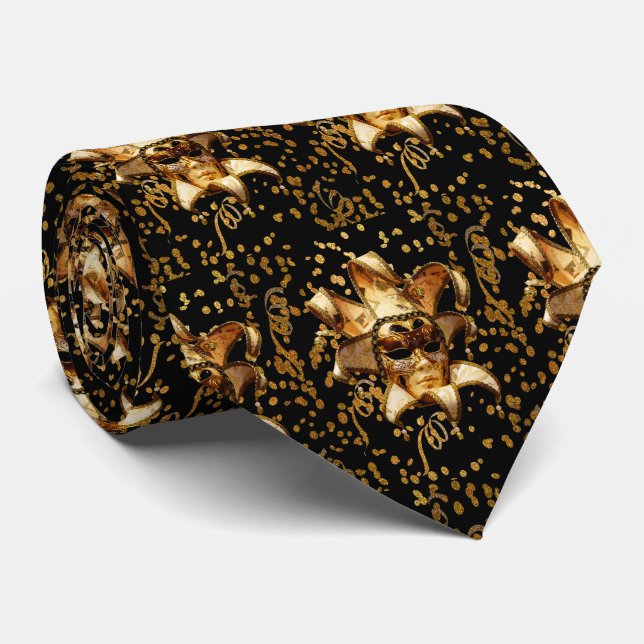 Gravata Máscara Dourada do Carnaval Mardi Gras com Confett (Rolled)