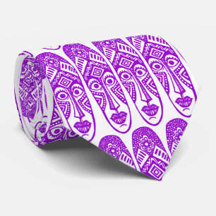 Gravata Máscaras de Tiki Surpresas - Roxo em Branco