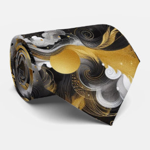 Gravata masculina abstrata moderna preta dourada