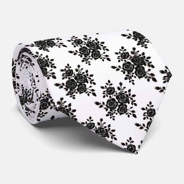 Gravata masculina clássica preta e branca com rosa (Rolled)