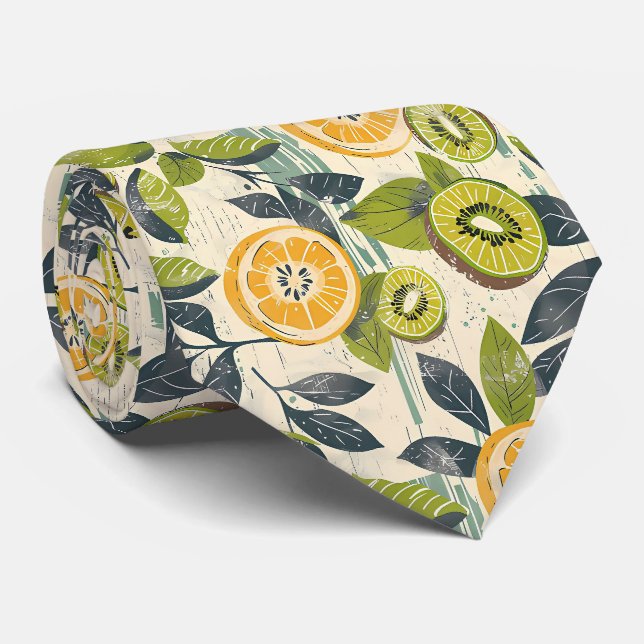 Gravata Masculina com Estampa de Kiwi e Limão  (Rolled)