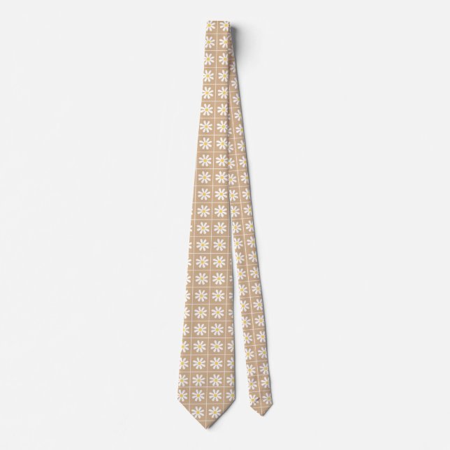 Gravata masculina marrom com padrão floral branco  (Frente)